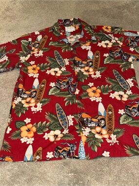 Men's Red Hawaiian-Style Button Down Shirt with Surf & Motorcycle Print